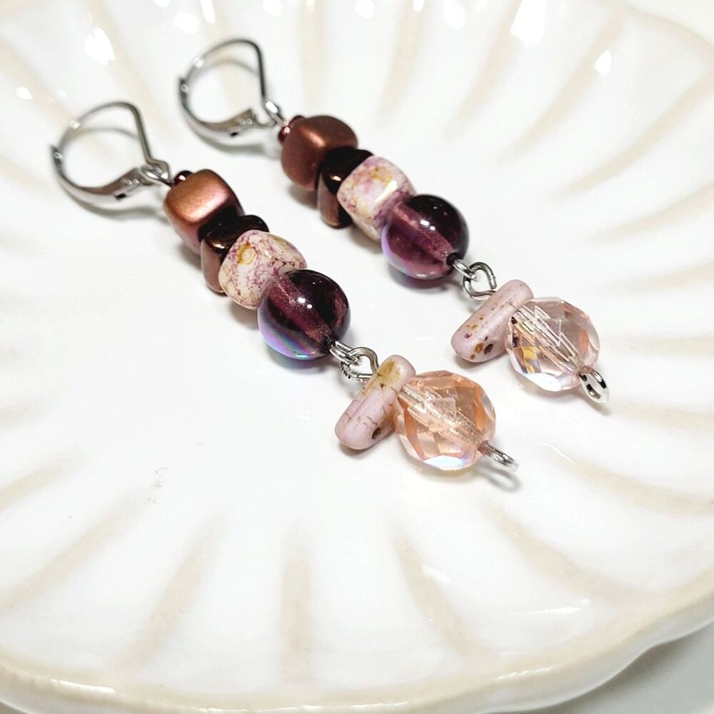 Pink Glass Leverback earrings handmade Secret Lore earrings  Earthy Boho B  689■
